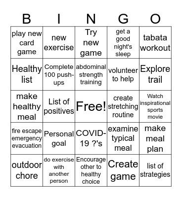 Health/PE Bingo Card