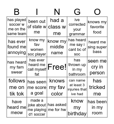 hannah Bingo Card
