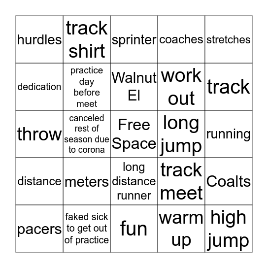 Track and Field Bingo Card