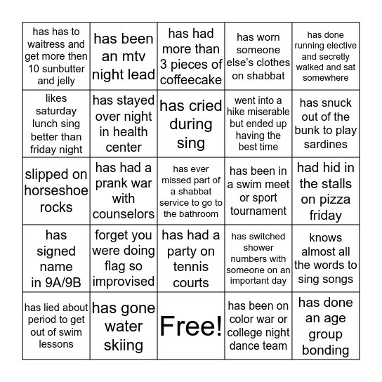Camp Pembroke Bingo Card