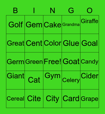 Green Giant Bingo Card