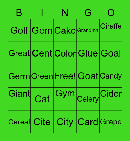 Green Giant Bingo Card