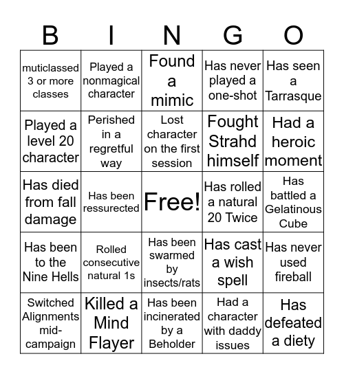 Dungeons and Dragons Bingo Card