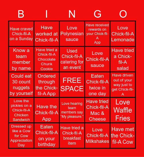 Chick-fil-A Bingo Card