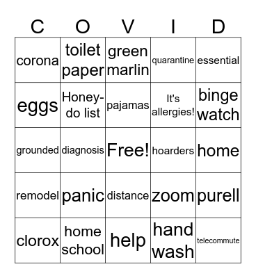 COVID 19 Bingo Card