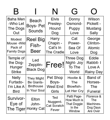 Total-Quiz.com Presents Radio Bingo: Pet Songs Bingo Card