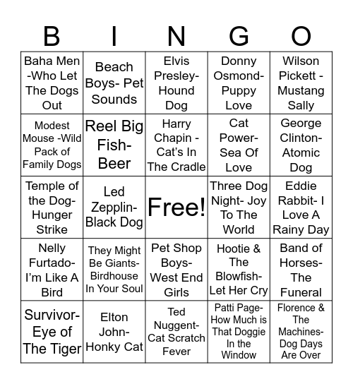 Total-Quiz.com Presents Radio Bingo: Pet Songs Bingo Card