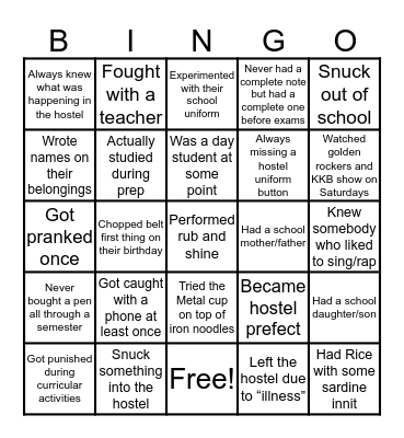 Boarding School Bingo Card