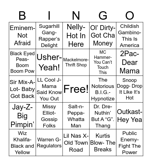Total-Quiz.com Presents Radio Bingo: Hip Hop Bingo Card