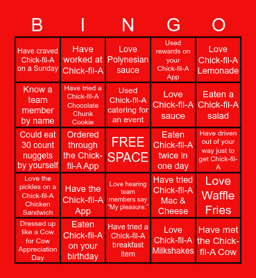 Chick-fil-A Bingo Card