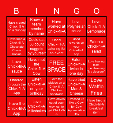 Chick-fil-A Bingo Card