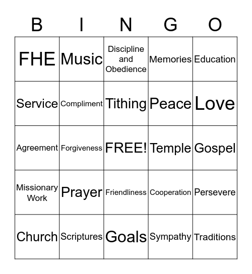 Strengthening my Family Bingo Card