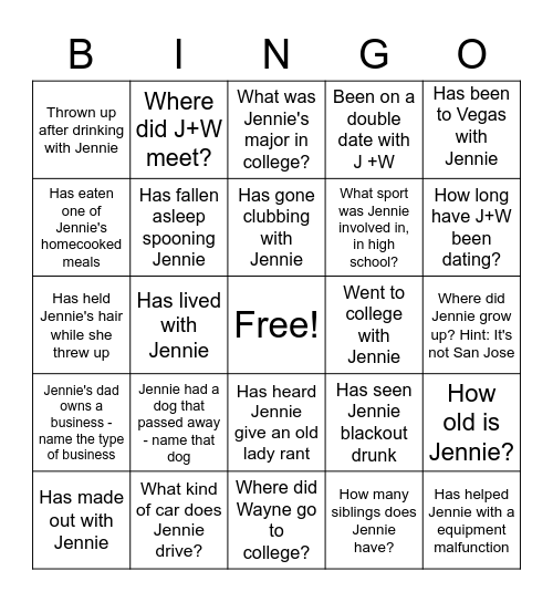 Jennie's Bday Bingo! Bingo Card