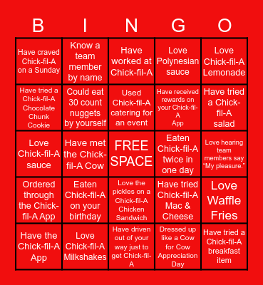 Chick-fil-A Bingo Card