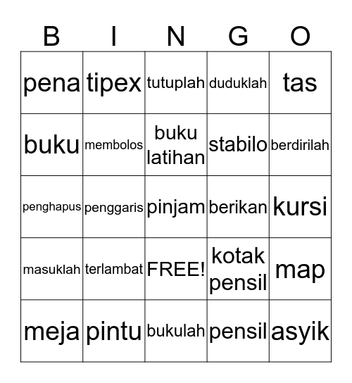 Indonesian Classroom Objects & Orders Bingo Card