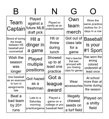 HS Baseball Bingo Card