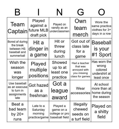 HS Baseball Bingo Card