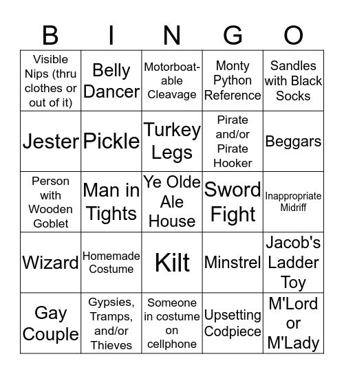 Ye Olde Faire Bingo Card