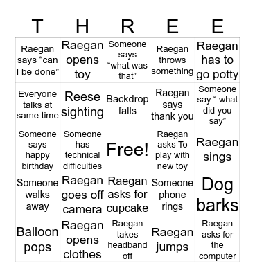 Raegan Birthday Party Bingo Card