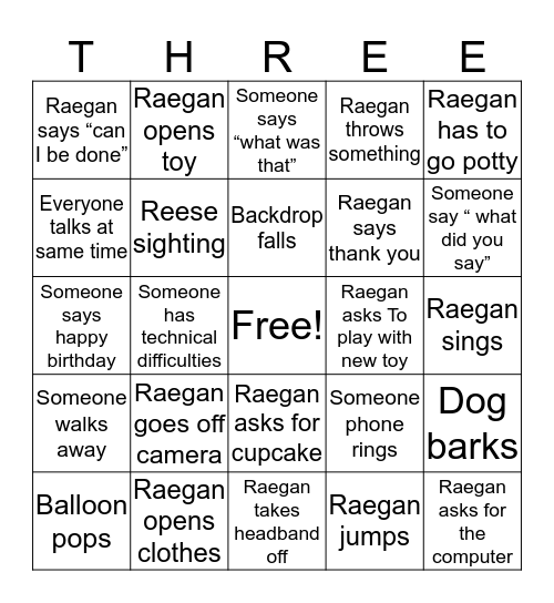 Raegan Birthday Party Bingo Card