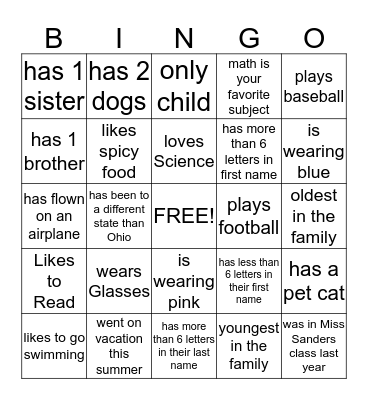 Back to School Bingo  Bingo Card