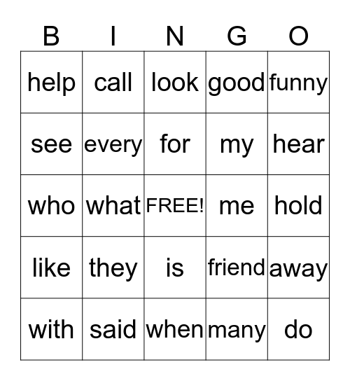 Sight Word Bingo Card