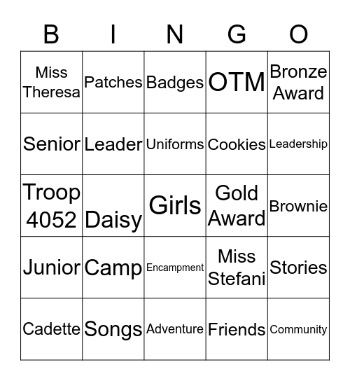 Girl Scouts Bing Bingo Card