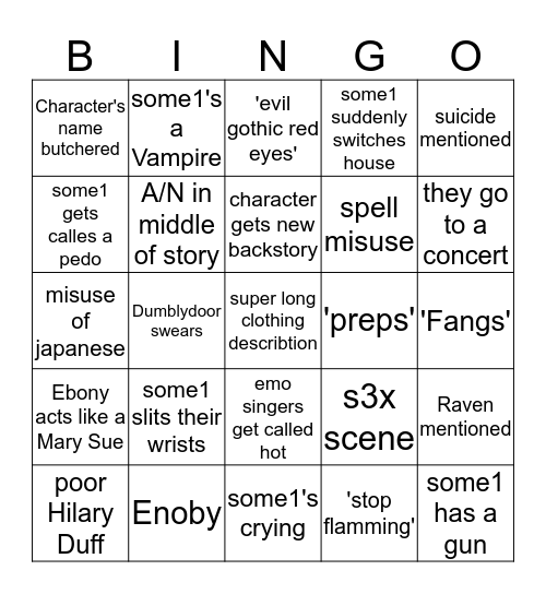 xXDramatic My Immortal ReadingXx Bingo Card