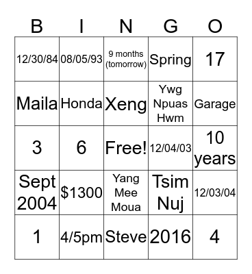 Family Bingo Card