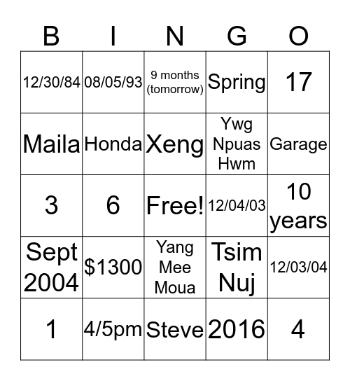 Family Bingo Card