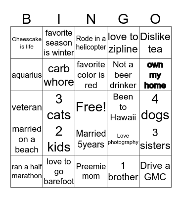 All About Me! Bingo Card