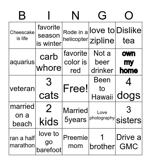 All About Me! Bingo Card