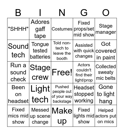 Tech/Stage Crew Bingo Card