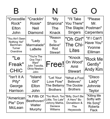 Top Songs of the 1970s Bingo Card
