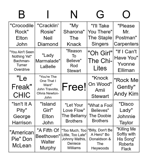 Top Songs of the 1970s Bingo Card
