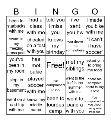 Chloe Bingo Card