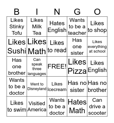 Back to School Bingo Card