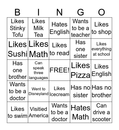 Back to School Bingo Card