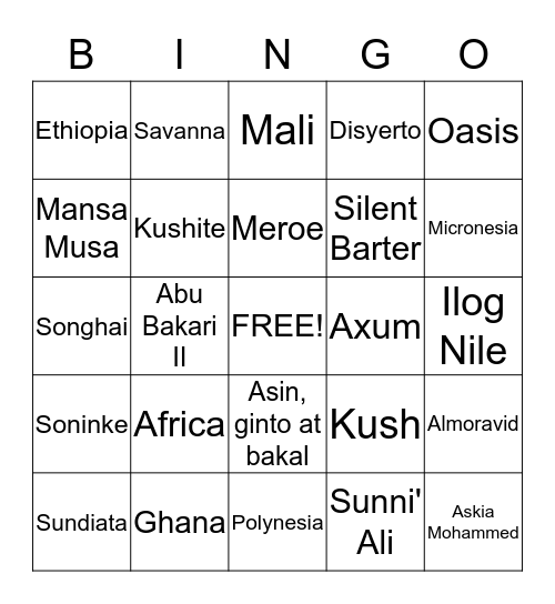 Africa Bingo Card