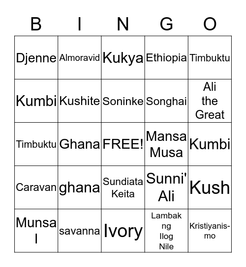 African Bingo Card