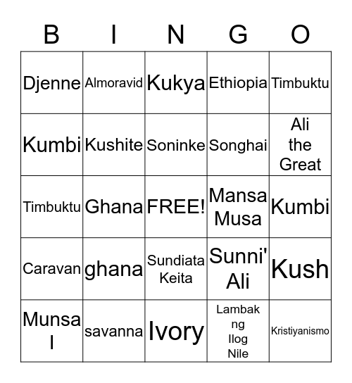 African Bingo Card