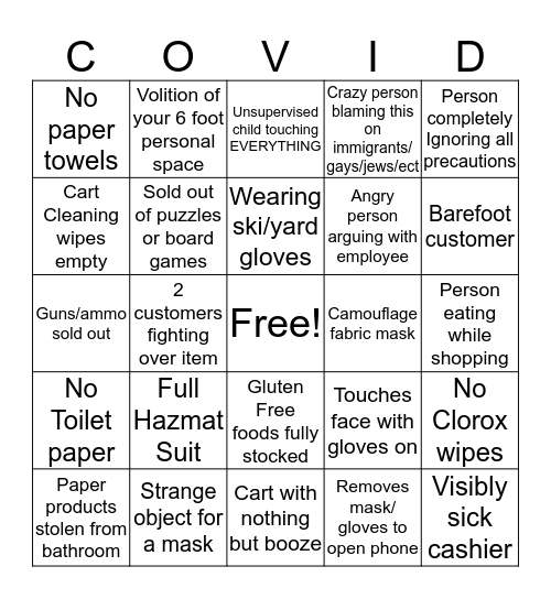 Coronavirus WalMart Bingo Card