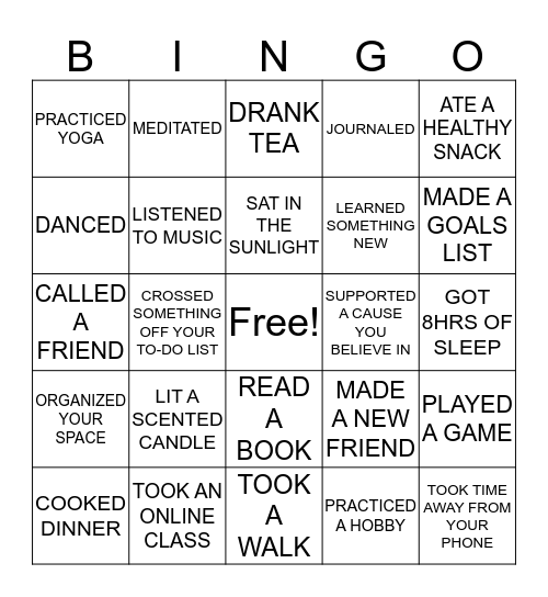 Self Care Bingo Card