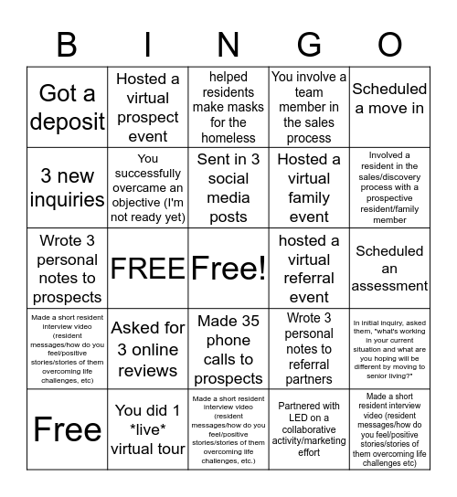 COVID Style Sales Bingo Card