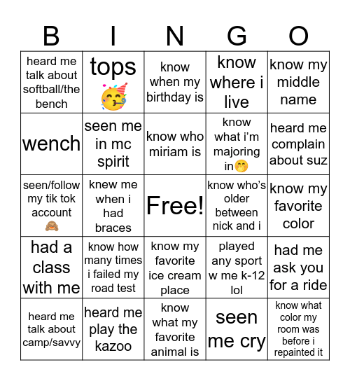 sophia😳 Bingo Card