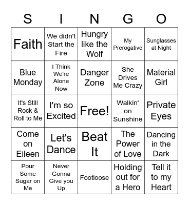 80's Singo Bingo Card
