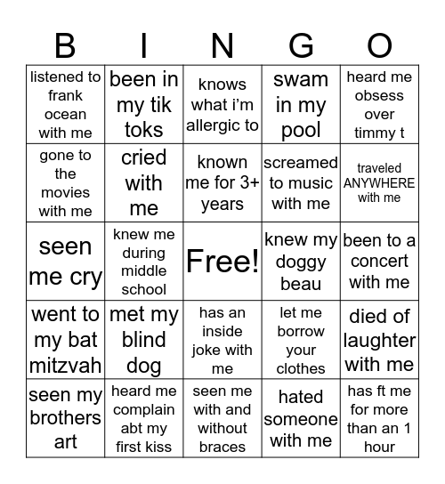 Mia’s Bingo Card