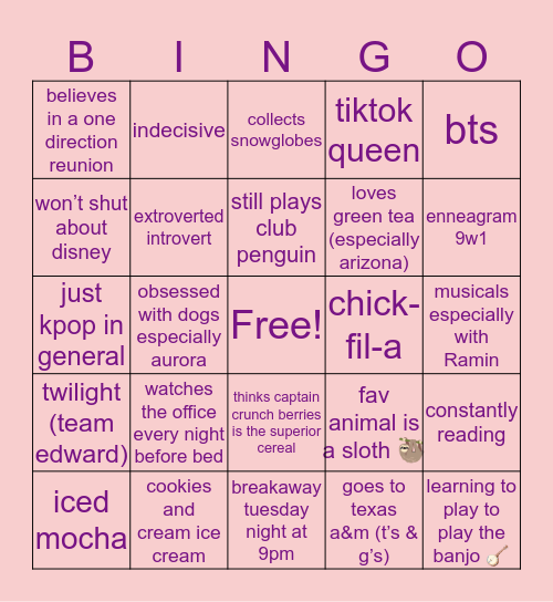Sierra’s Bingo Card