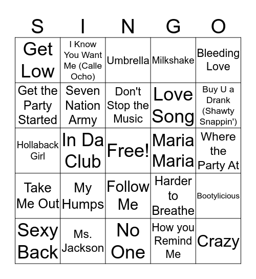 2000's Bingo Singo Bingo Card