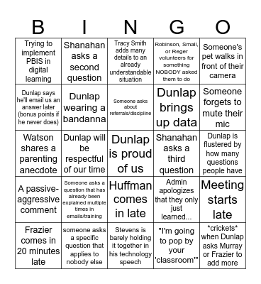 Faculty Meeting Bingo Card